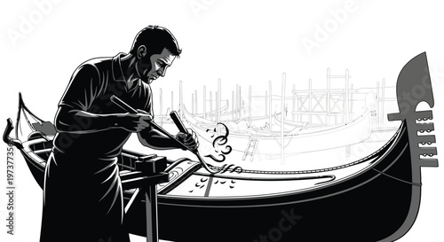 Skilled craftsman carving traditional Venetian gondola wood design