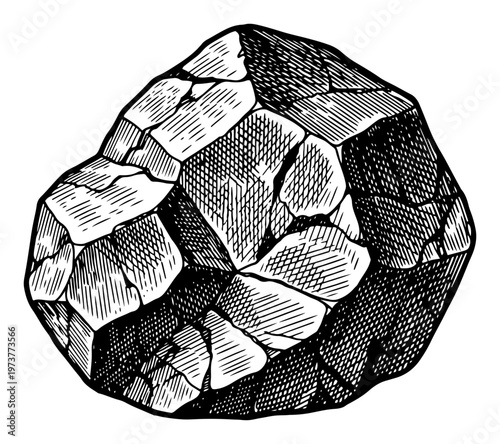 Large faceted rock mineral or jagged stone in detailed vintage engraving style