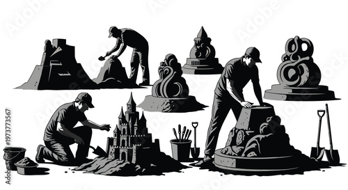 Artist creating detailed sand castle sculptures on beach scene