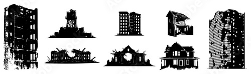 Ruined buildings and destroyed urban structures collection in distressed silhouette style