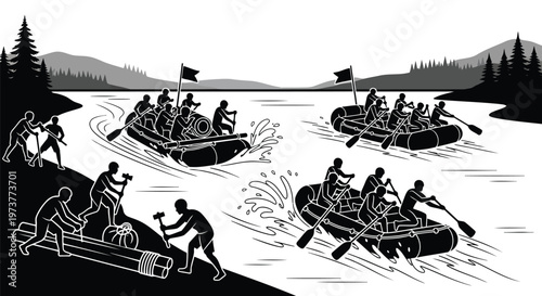 Group of people white water rafting in black and white illustration