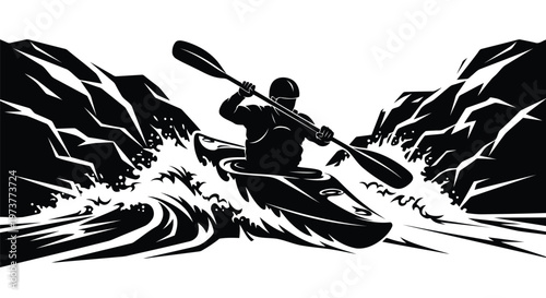 Professional kayaker navigating intense river rapids in black silhouette