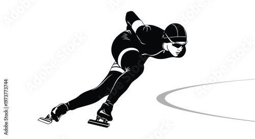 Professional speed skater racing on ice track in black silhouette