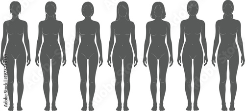 Collection of female body silhouettes with different hairstyles for fashion croquis templates and apparel technical sketches for garment design tech packs