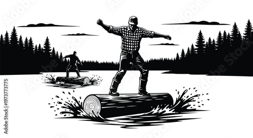 Two lumberjacks log rolling in water in high contrast silhouette art