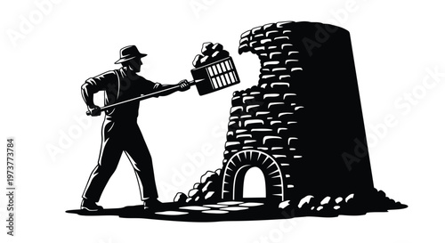 Worker using shovel to load coal into furnace in black silhouette