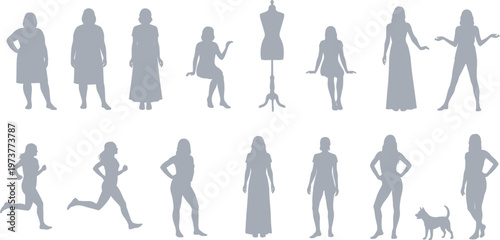 Collection of diverse women silhouettes in various poses including running standing and sitting with fashion mannequin and dog vector elements for design