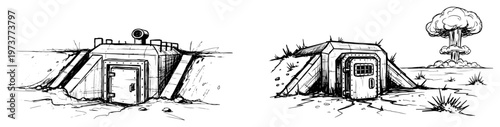 Underground survival bunker entrance with nuclear explosion in background in hand drawn ink sketch style
