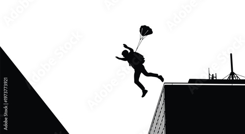 Silhouette illustration of skydiver jumping from high building edge