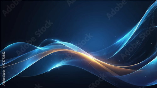 Foto Abstract illustration of elegant flowing lines, illuminated with a vibrant gradient of gold and blue, suggesting energy and movement