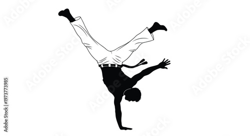 Man performing capoeira handstand in bold black silhouette style