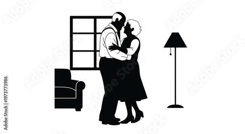 Elderly couple dancing in living room black and white silhouette