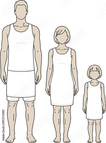 Technical vector fashion croquis set featuring male female and child silhouettes for apparel design garment mockups family clothing collection planning and tech packs.