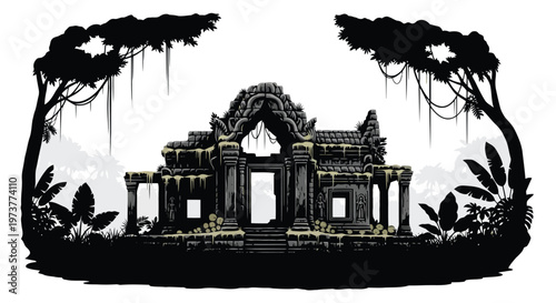 Ancient temple ruins in jungle landscape black and white illustration