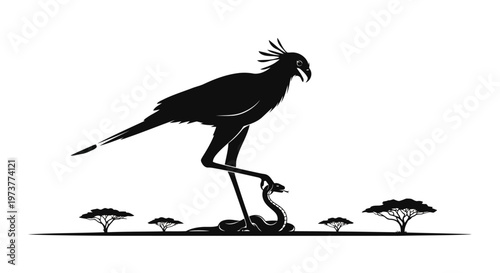 Secretary bird hunting snake on African savannah landscape background