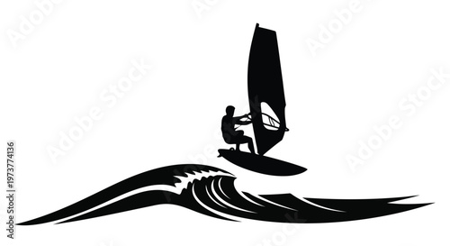 Windsurfer riding large ocean wave black and white vector silhouette