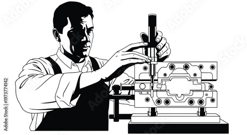 Factory worker using professional tools on metal mold in workshop