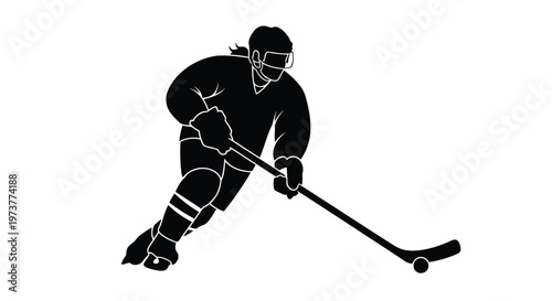 Hockey player skating fast with stick on ice black white graphic