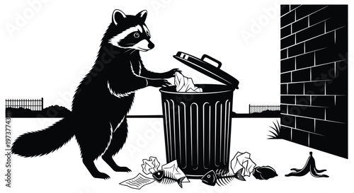 Raccoon scavenging through trash can black and white vector illustration