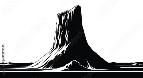 Minimalist black and white vector illustration of a rocky mountain peak