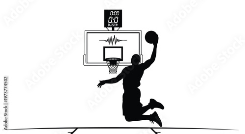 Basketball player making slam dunk at buzzer with stadium clock above