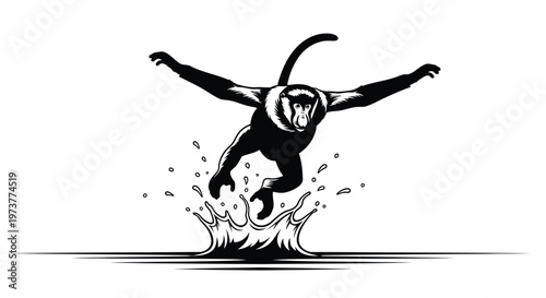 Monkey jumping into water creating a large splash in black and white