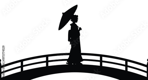 Japanese woman in traditional kimono holding umbrella on arched bridge