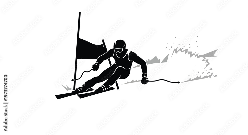 Fototapeta premium Professional skier carving through slalom gates vector illustration
