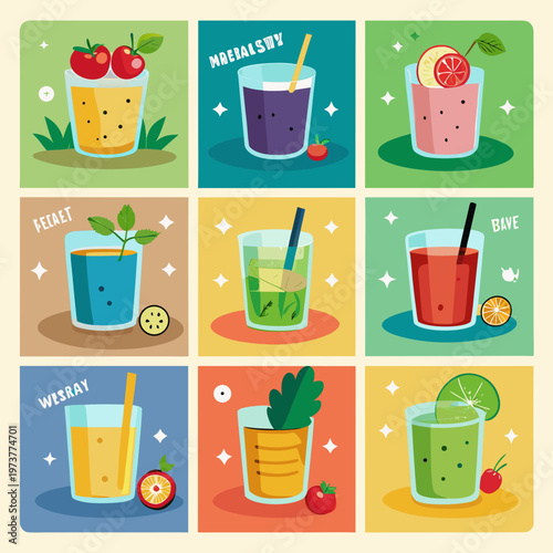 Colorful summer cocktails and refreshments in a grid layout
