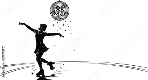 Young woman roller skating under disco ball vector illustration