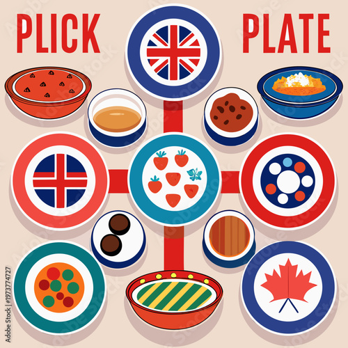 A colorful collection of plates representing diverse national cuisines and flags