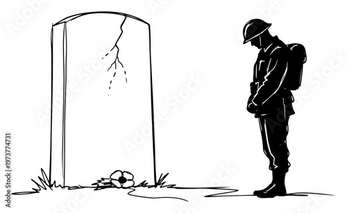 Принти на полотні Soldier mourning at a gravestone of a fallen comrade in hand drawn sketch style