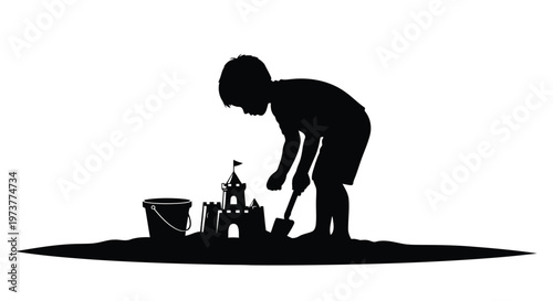 Young child building sandcastle on beach vector graphic illustration