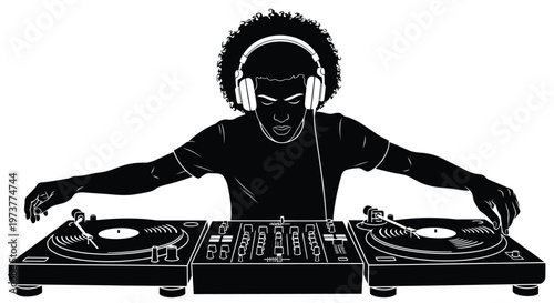 Male disc jockey mixing music on turntables vector illustration