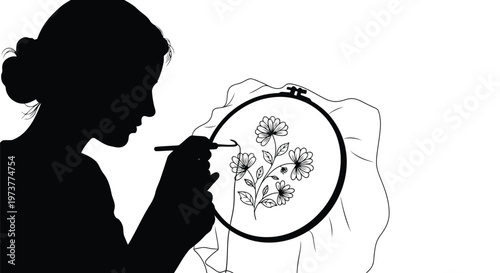 Woman embroidering floral pattern on fabric vector illustration
