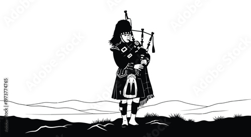 Scottish bagpiper in traditional highland dress vector illustration