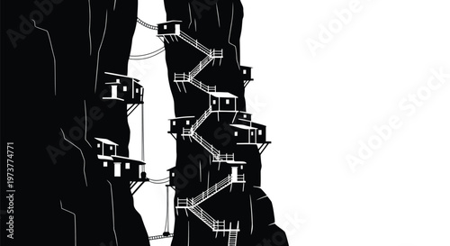 Cliffside village with wooden stairs and houses built into rock face
