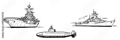 Obraz na płótnie Naval fleet featuring aircraft carrier submarine and warship hand drawn sketch s