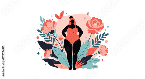 Empowering illustration of a curvy woman in a red swimsuit surrounded by large blooming flowers for body positivity.