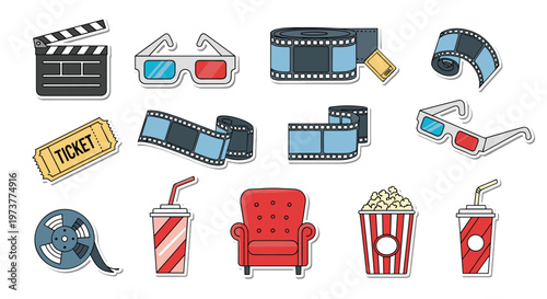 Extensive collection of cinema and movie production icons including popcorn film reels tickets and 3d glasses.