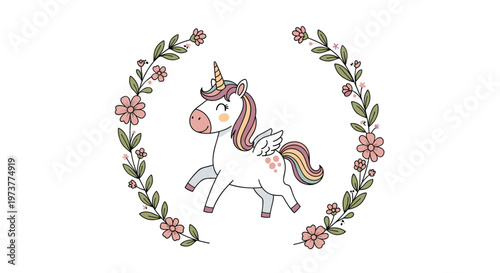Enchanting white unicorn with a rainbow mane and wings standing inside a delicate circular floral wreath of pink flowers.