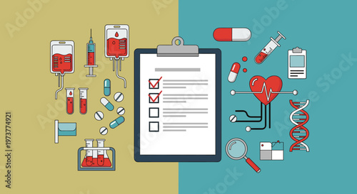 Comprehensive medical and healthcare concept board featuring a heart monitor DNA strand pills and a patient record.