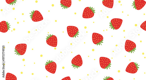 Fresh and sweet pattern of red strawberries with green leaves and yellow dots on a clean white background for summer.