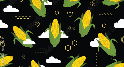 Seamless pattern design with yellow corn on the cob green husks white clouds and black geometric shapes background.
