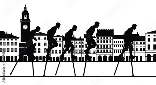 Group of men walking on stilts through historic European city skyline