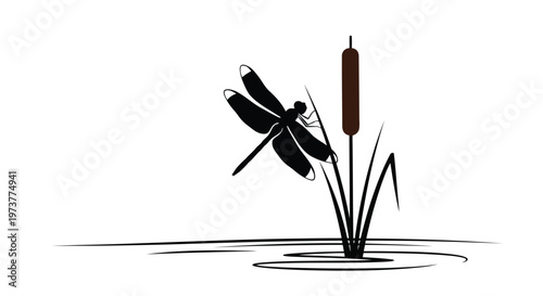 Elegant dragonfly resting on cattail reed in minimalist vector style