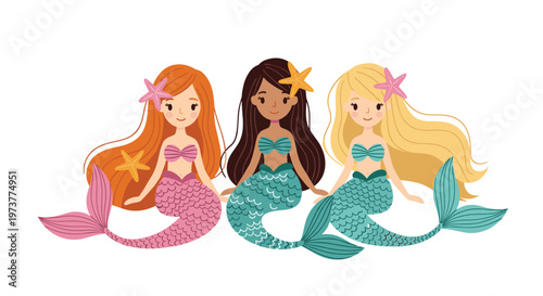 Three beautiful mermaid friends with diverse skin and hair colors swimming together in an enchanting ocean setting.