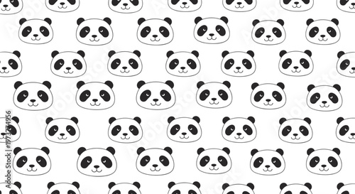 Minimalist black and white pattern of cute panda bear faces for a simple and modern nursery or children room decor.