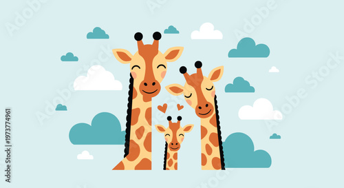 Heartwarming family of three giraffes with long necks smiling together against a blue sky with white and teal clouds.