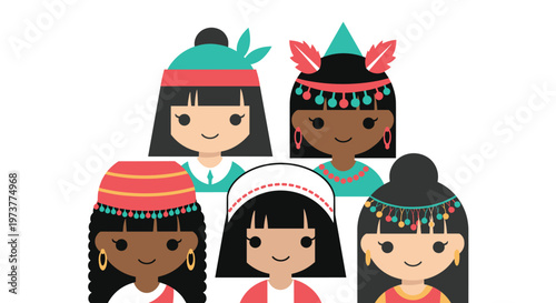 Group of diverse young girls wearing beautiful traditional and cultural hats representing global unity and heritage.